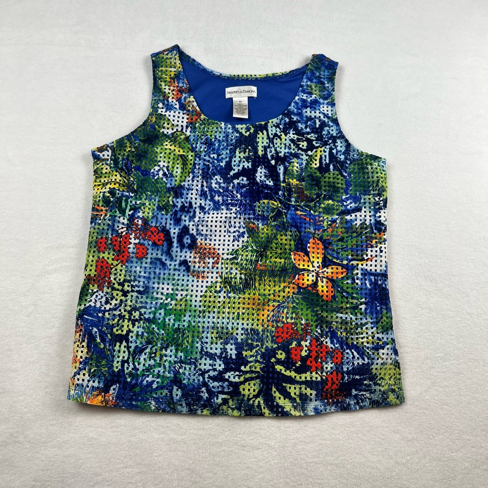 Draper's & Damon's Floral Mesh Overlay Tank Top Blue Multi Women's Medium